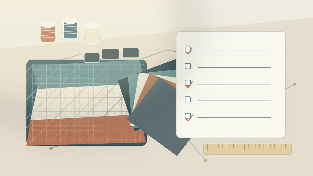 Bedding fabric sample review desk with swatches, checklist, route lines, and measuring ruler.