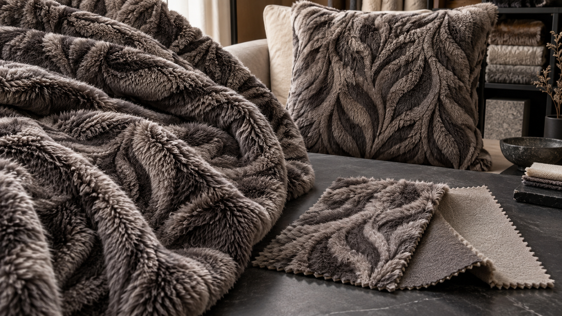 Three-dimensional rabbit-fur-look polyester fleece swatches and home textile applications