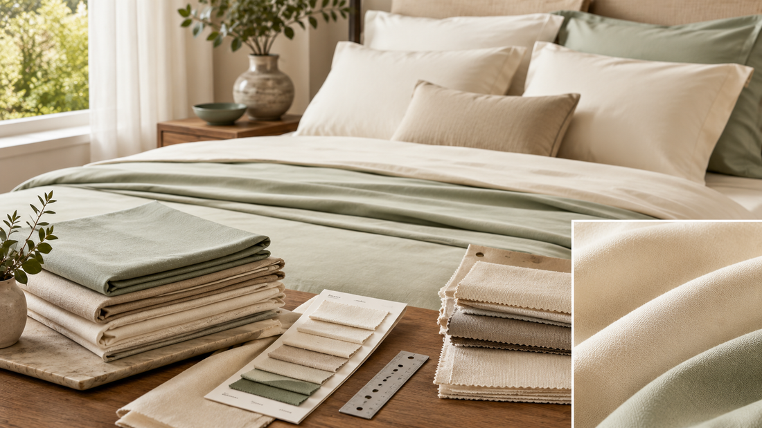 Bedding fabric GSM guide with layered swatches ruler and sheet fabric samples