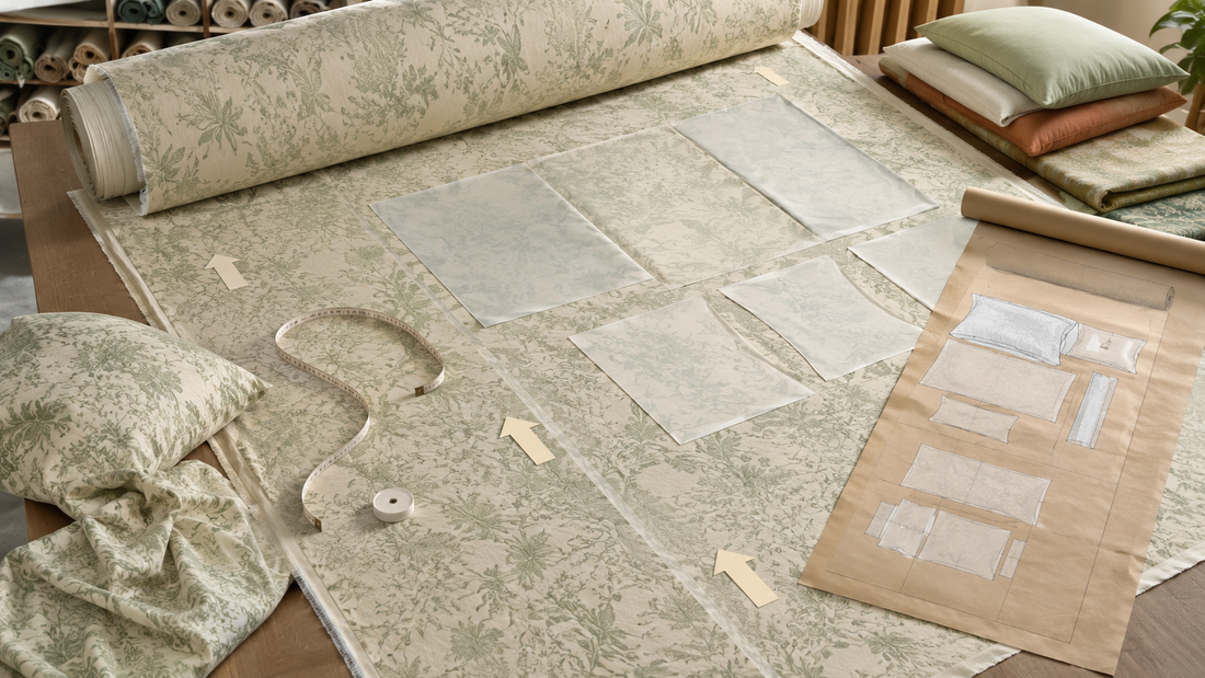 Bedding fabric cutting layout showing usable width pattern repeat and yield planning