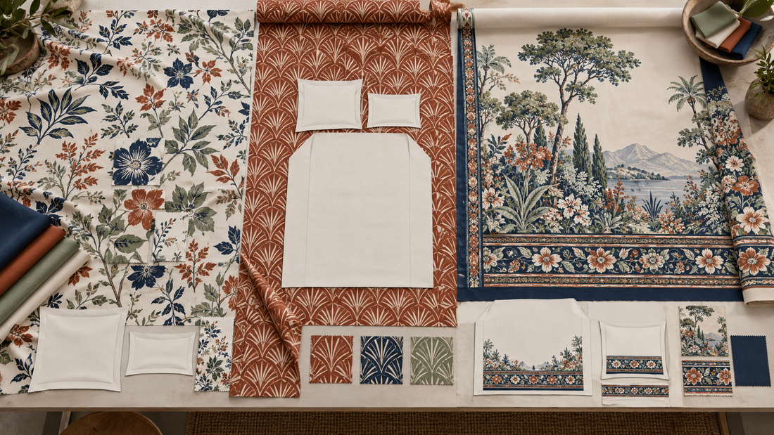 Directional, non-directional and engineered print layouts for bedding