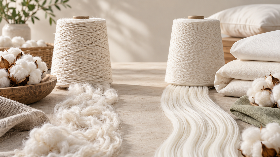 Carded and combed cotton yarn preparation illustrated with cotton fibers, yarn cones and bedding fabric