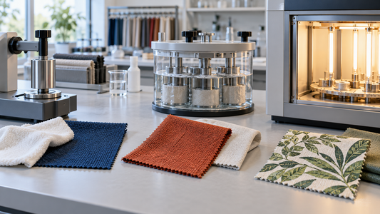 Home-textile swatches arranged for washing, rubbing and light-fastness testing