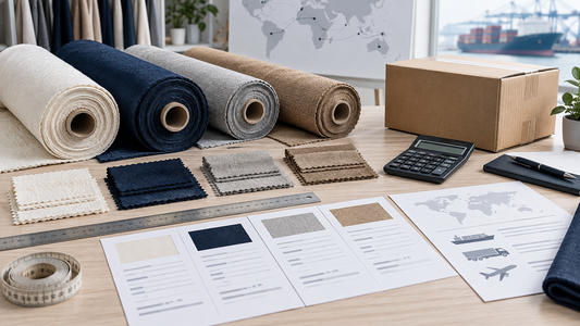 Fabric rolls, measurement tools and shipping documents for comparing textile supplier quotations