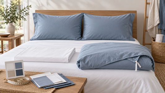 Custom cotton four-piece bedding set with fabric swatches and measurement tools