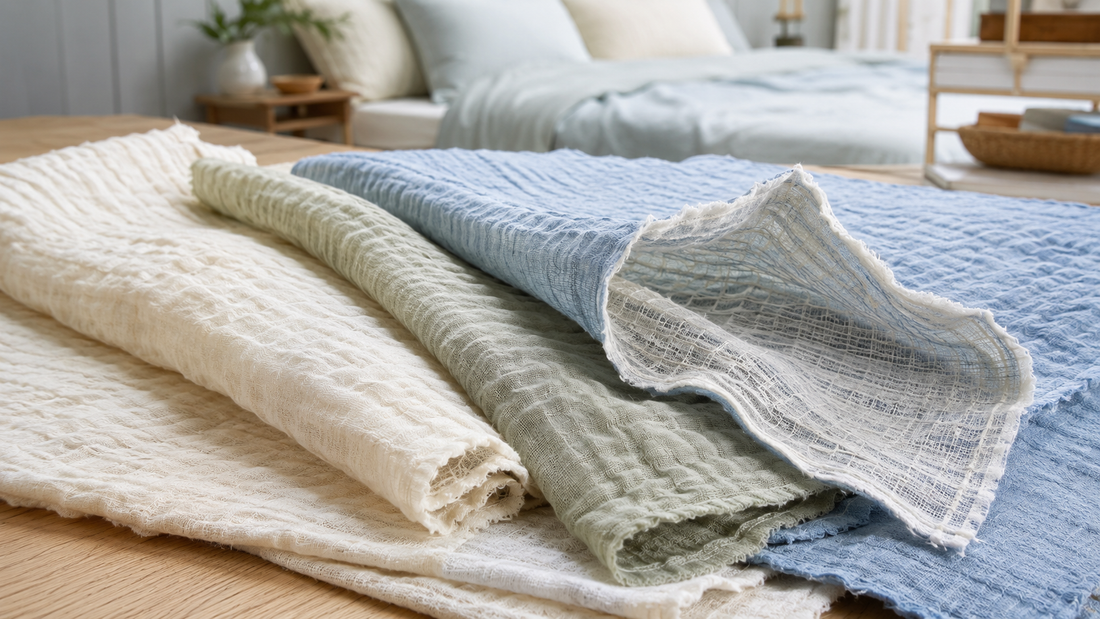 Cotton double-gauze fabric layers and swatches for bedding development