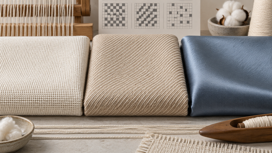 Plain weave, twill and sateen cotton swatches for bedding fabric selection