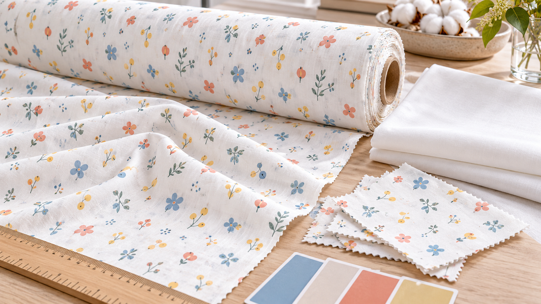 Lightweight printed cotton fabric rolls and swatches arranged for B2B specification review
