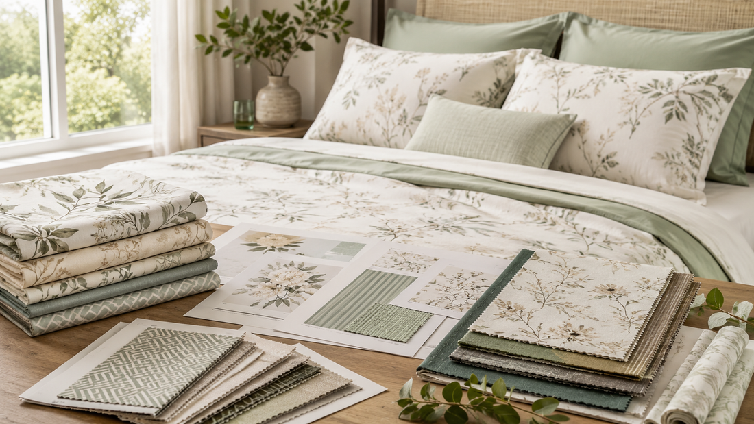 Custom printed bedding fabric sourcing scene with botanical swatches and design samples