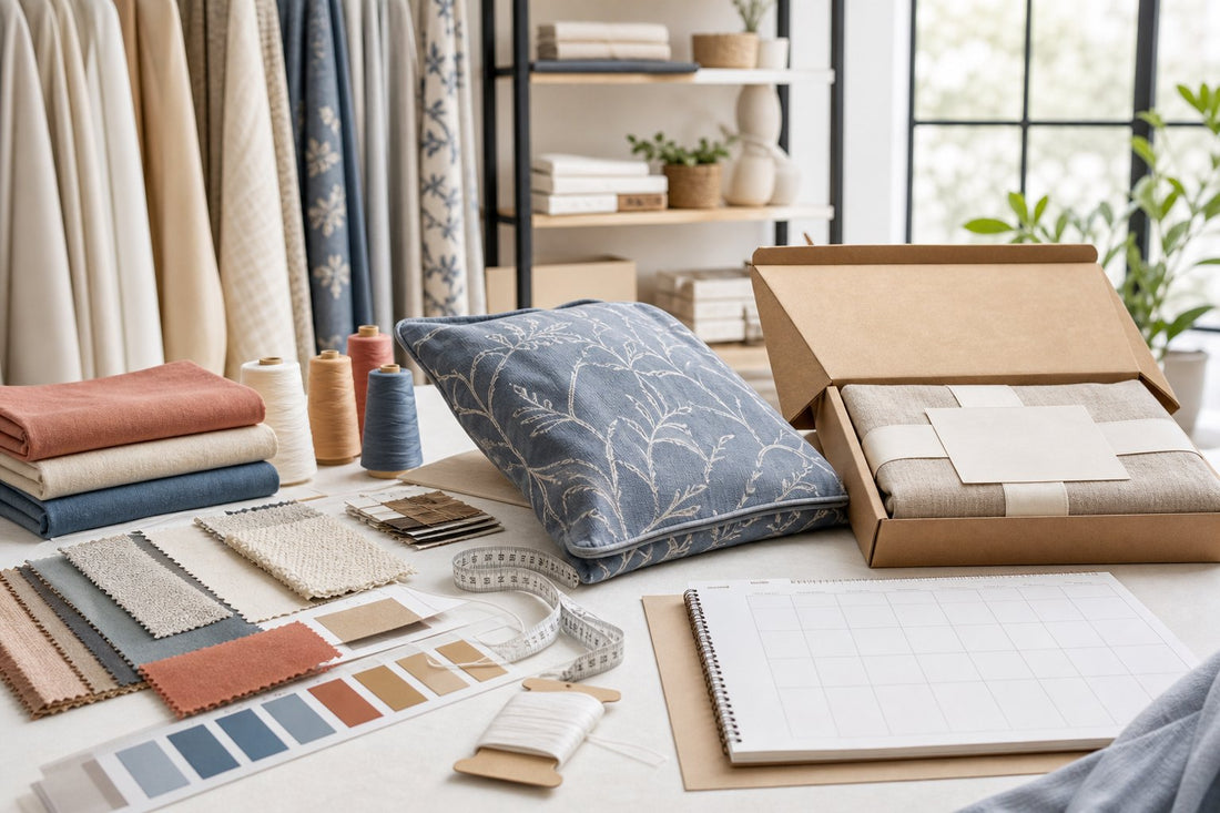 Custom home textile sample development with fabric swatches packaging and production planner