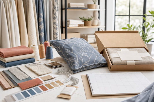 Custom home textile sample development with fabric swatches packaging and production planner