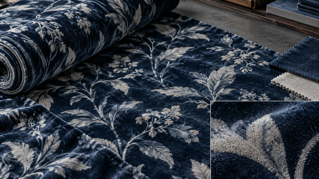Discharge-printed polyester velour for bedding pattern and pile approval