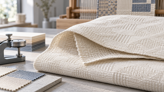 Double-layer cotton jacquard fabric opened to show two woven layers beside thickness measurement tools