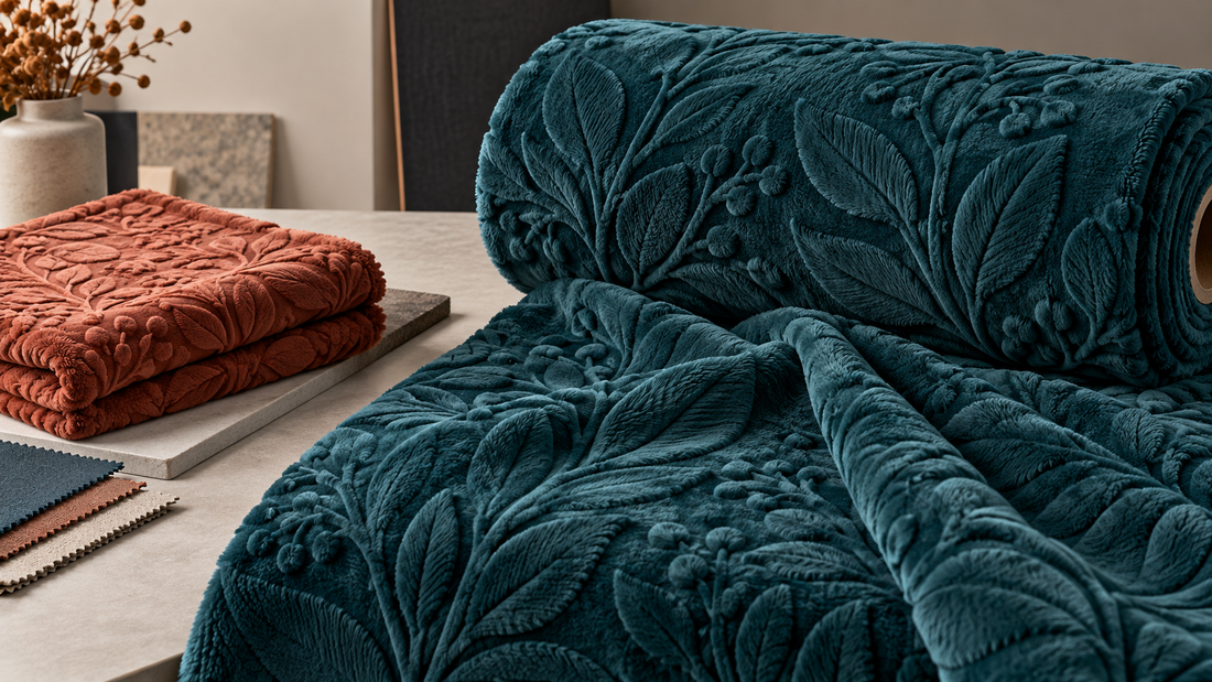 Deep teal embossed polyester flannel with three-dimensional botanical relief