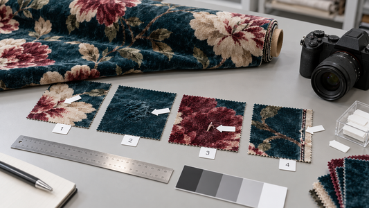 Printed velvet swatches photographed with scale, direction markers and defect references