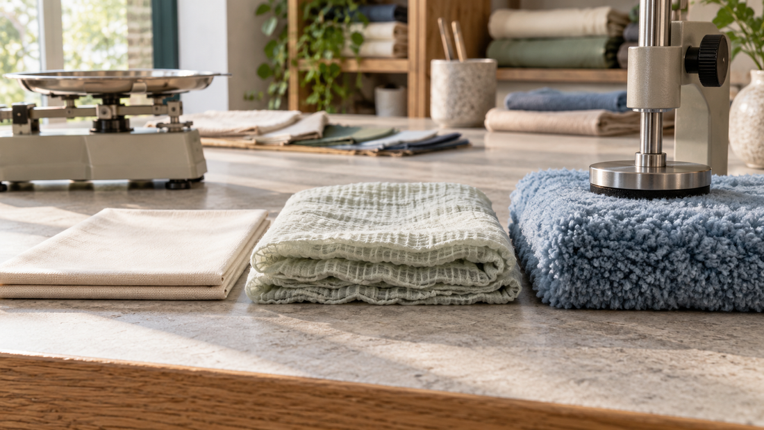 Dense cotton, double gauze and fleece compared by mass, thickness and compression