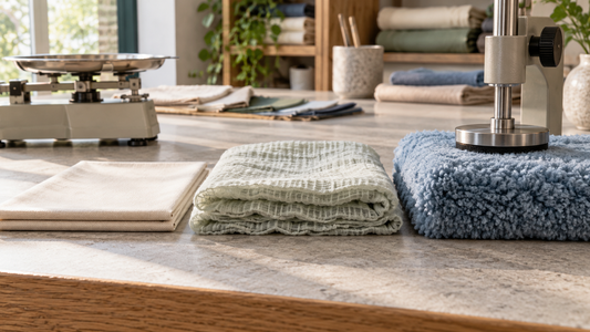 Dense cotton, double gauze and fleece compared by mass, thickness and compression