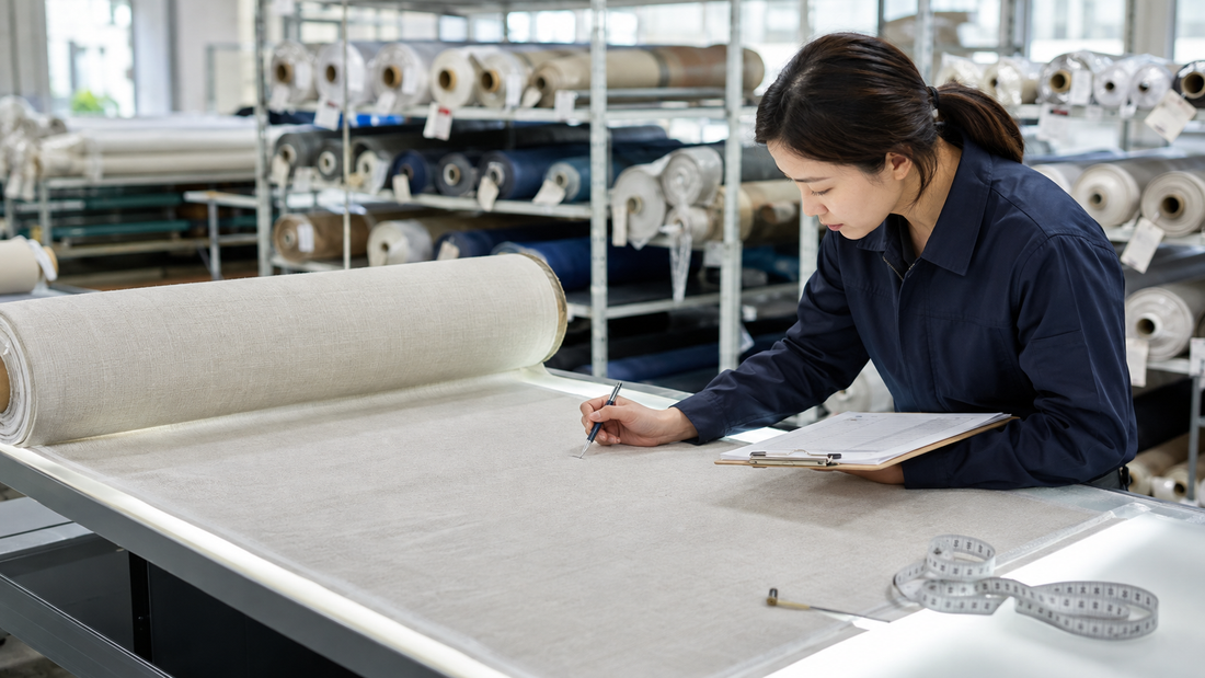 Textile inspector checking a fabric roll before shipment