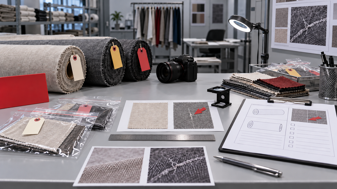 Textile quality claim evidence workflow with quarantined rolls and comparison samples