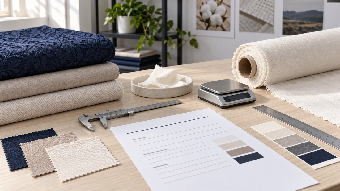 Textile specification desk with fabric swatches, measuring tools and scale for setting RFQ tolerances