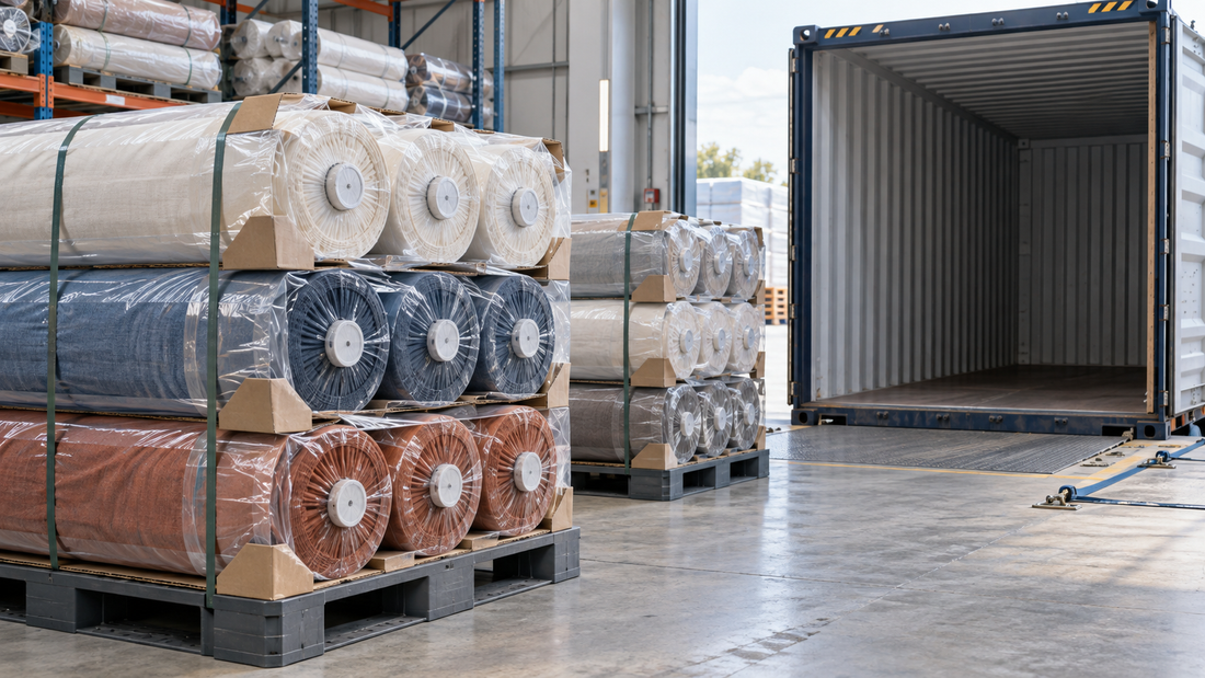Fabric rolls with protective export packaging staged beside a freight container