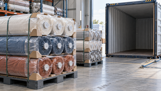 Fabric rolls with protective export packaging staged beside a freight container