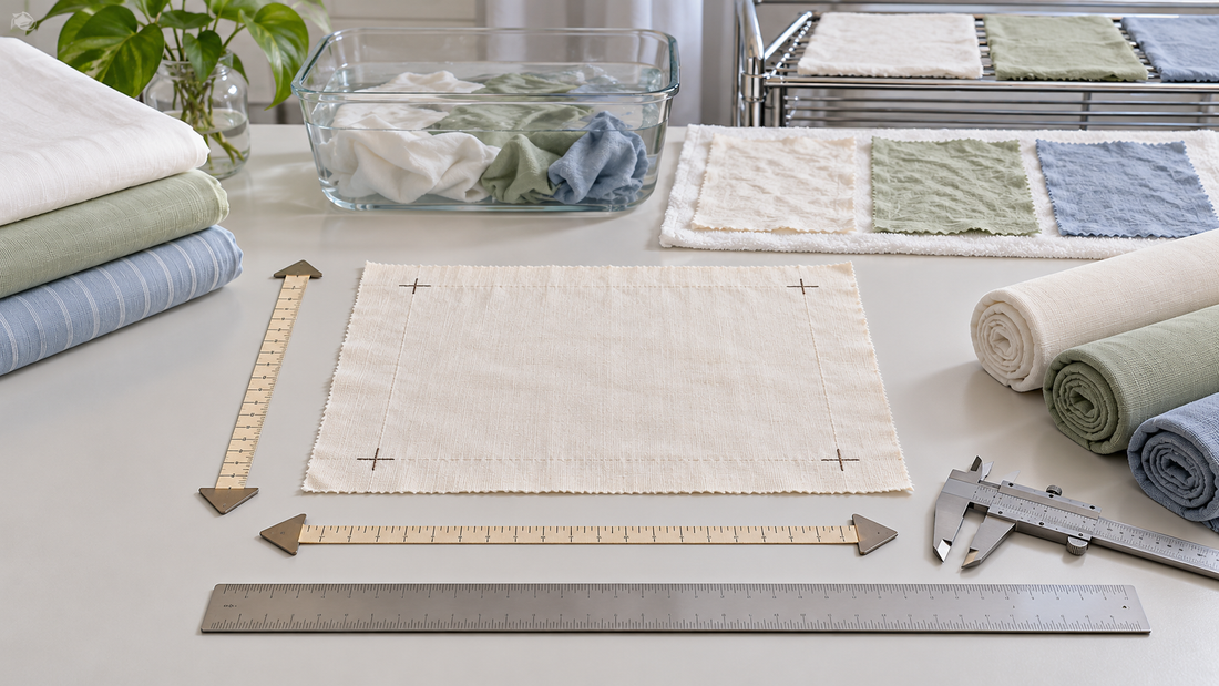 Marked bedding fabric specimen measured before and after controlled washing and drying