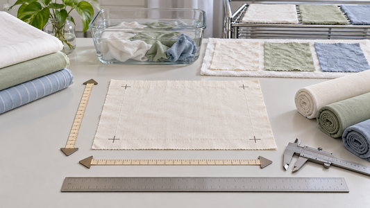 Marked bedding fabric specimen measured before and after controlled washing and drying