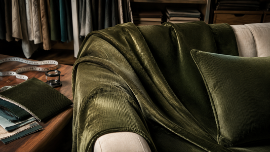 Fine-wale olive polyester velvet showing directional luster for sofa covers