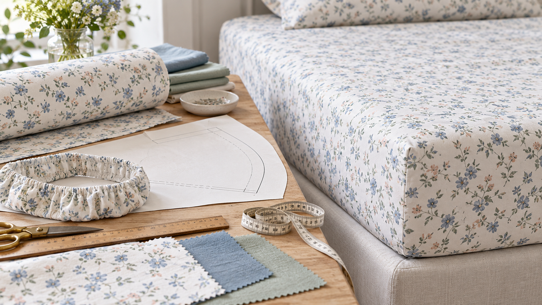Floral cotton fitted-sheet prototype with pocket pattern, elastic casing and measurement tools