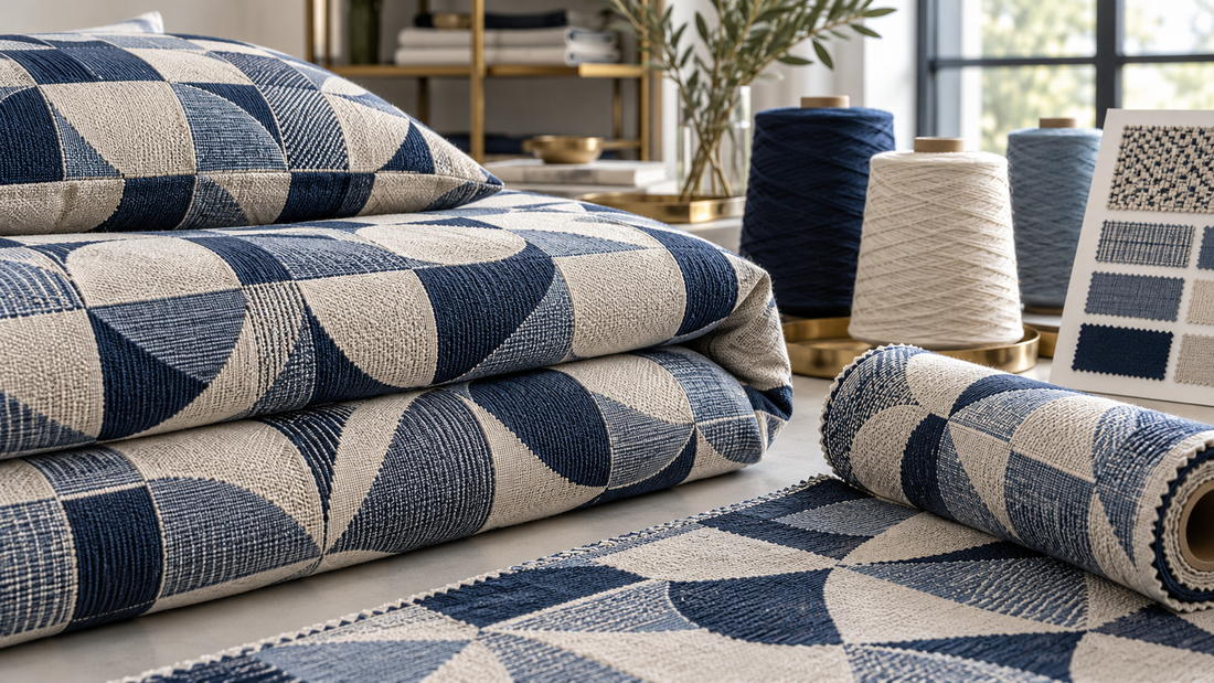 High-count yarn-dyed cotton jacquard bedding fabric with woven geometric pattern and yarn cones