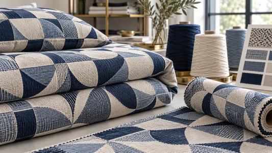 High-count yarn-dyed cotton jacquard bedding fabric with woven geometric pattern and yarn cones
