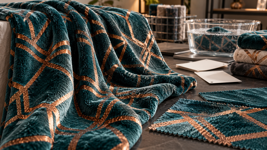 Hot-stamped polyester coral fleece for throws and home decor with copper geometric pattern