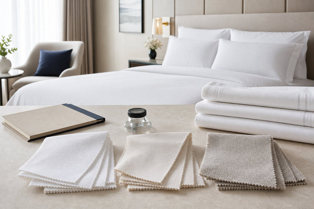 Hotel bedding fabric comparison with cotton, poly-cotton and microfiber swatches