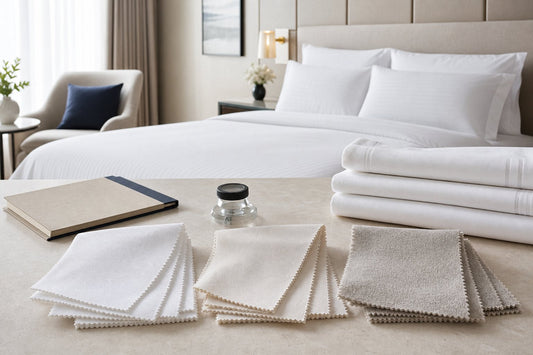 Hotel bedding fabric comparison with cotton, poly-cotton and microfiber swatches
