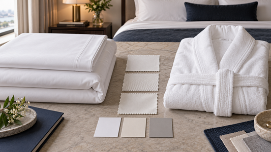 Hotel bed linen and guest robe beside three solid-dyed cotton weave swatches
