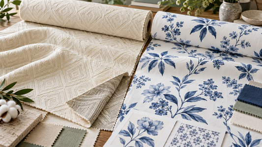 Woven jacquard fabric and printed cotton bedding fabric compared side by side