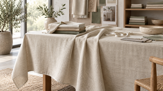 Linen-lyocell table linen drape and textile sourcing swatches