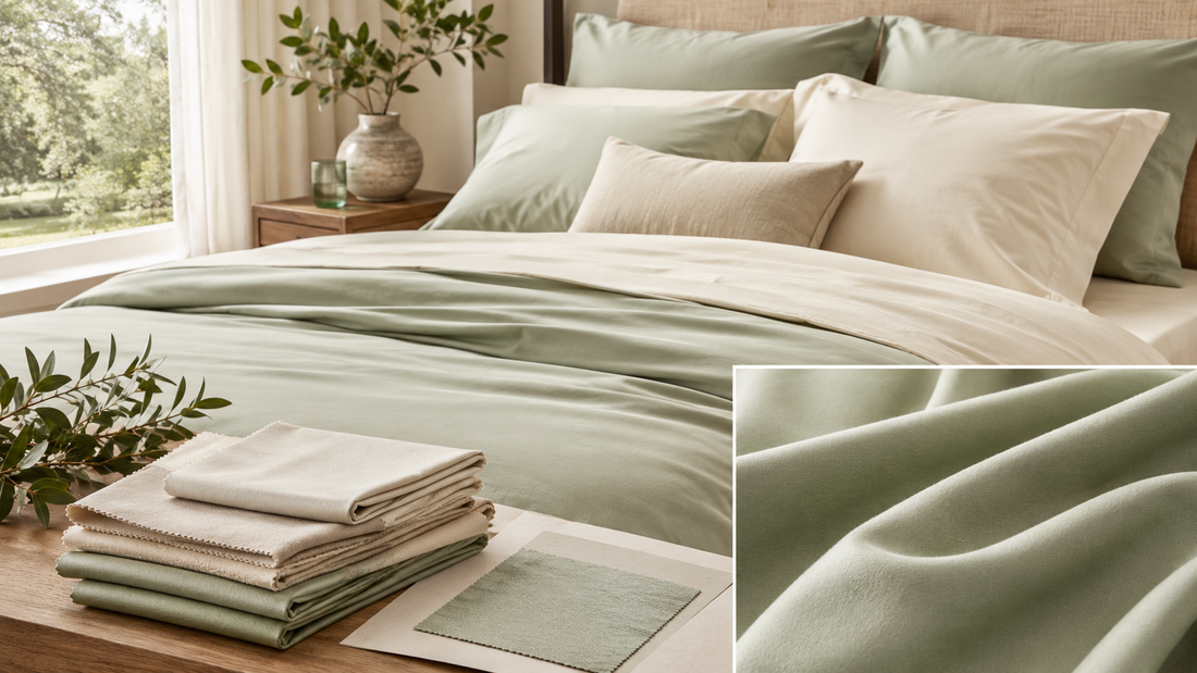 Lyocell bedding fabric samples and soft sage duvet cover for sheets and duvet covers