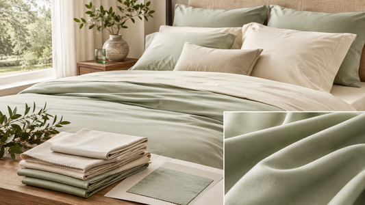 Lyocell bedding fabric samples and soft sage duvet cover for sheets and duvet covers