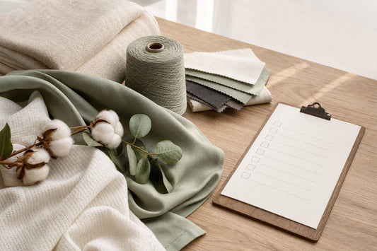 Home textile compliance sourcing desk with fabric swatches and blank certification checklist