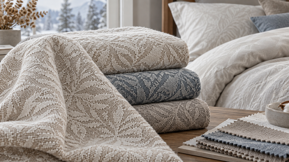 Heavyweight brushed cotton jacquard swatches arranged for winter bedding specification review