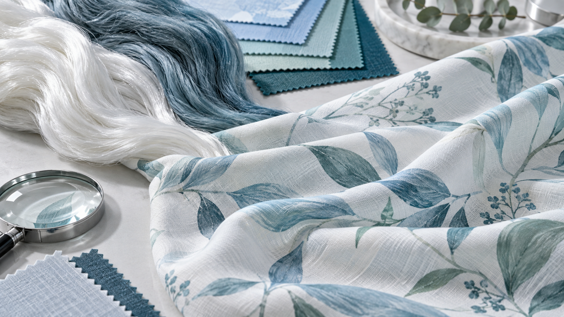 Polyester and lyocell blend sheet fabric with print and color swatches for B2B specification review