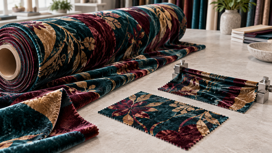 Printed polyester-spandex velvet shown with relaxed and extended pattern-control swatches