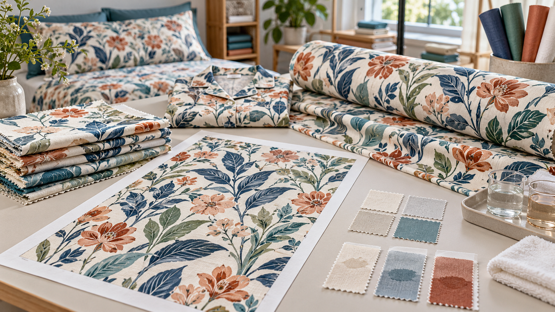 Reactive printed cotton fabric, strike-off and colour-control swatches for bed linen and sleepwear