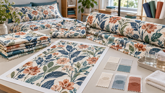 Reactive printed cotton fabric, strike-off and colour-control swatches for bed linen and sleepwear
