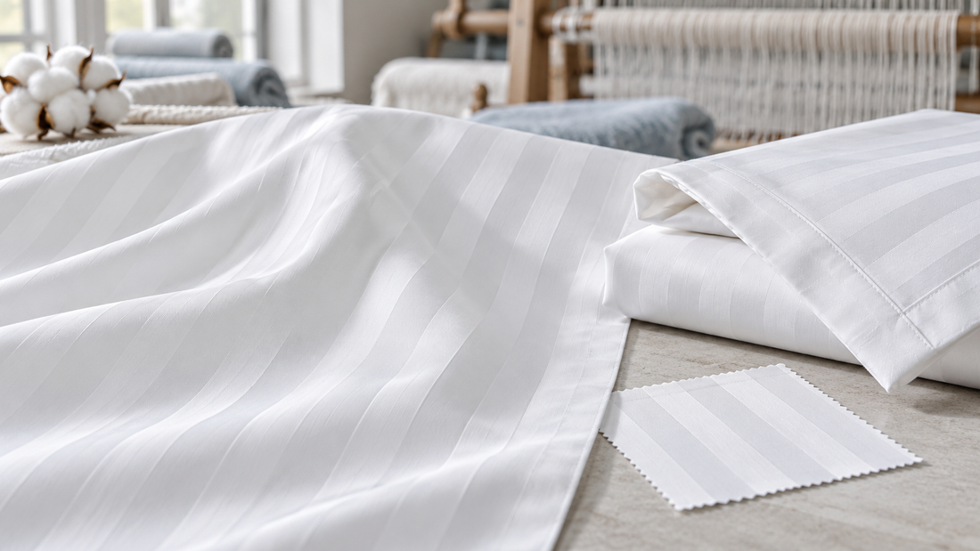 White cotton satin-stripe jacquard fabric prepared for hotel bed-linen sampling