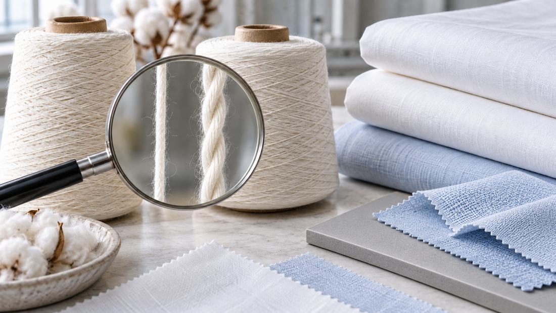 Single and plied cotton yarn strands beside woven bedding fabric swatches