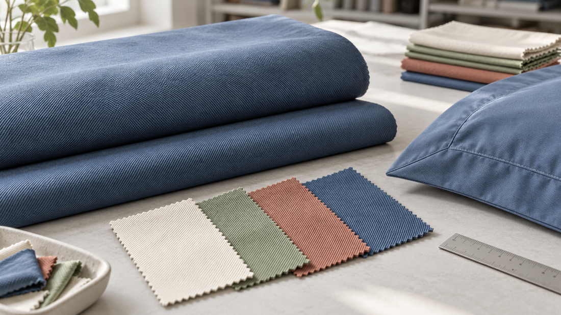 Solid-dyed cotton twill fabric and lab-dip swatches arranged for quilt-cover specification review