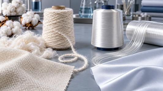 Staple-spun cotton yarn and continuous filament yarn beside bedding fabric swatches